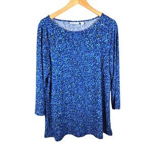 Susan Graver Liquid Knit Long Sleeve Speckled Print Blouse Top Blue L Workwear